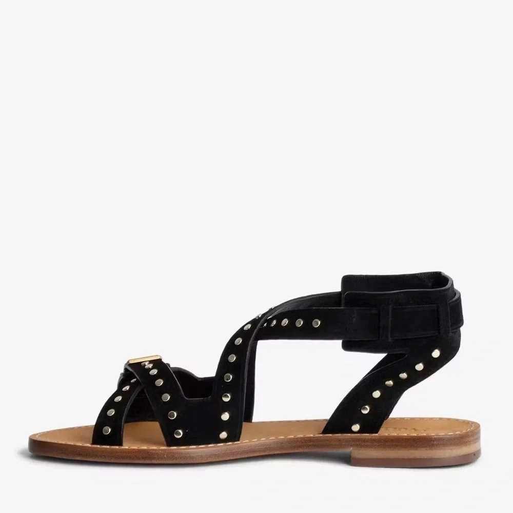 NIB Zadig & Voltaire Cecilia Studs Caprese Sandals Black Suede Strappy Sz 41